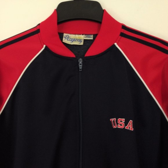 PLAYWAY Vintage Men's L Track Jacket Red‎ Blue Zip Pockets Striped Long Sleeve - Picture 3 of 14